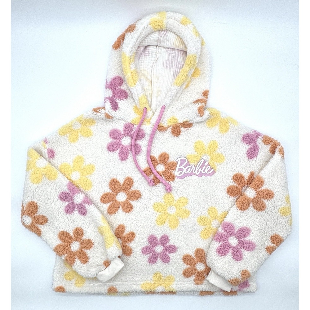 Barbie Fleece Hoodie Pink Orange Flowers Embroidered‎ Logo Girlhood Mattel Sz L